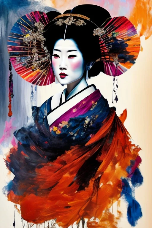 A traditional portrait of a geisha, artfully painted in the style of abstract expressionism, unfolds a captivating canvas of dark, dramatic colors. The geisha, delicately adorned in her intricate garb, gazes introspectively, her visage shrouded in a veil of enigma. The background, a smoky swirl of hues, mirrors the depth of her emotions, while the brushstrokes, bold and expressive, resonate with the dynamism of her spirit. The overall effect is a masterful blend of traditional elegance and modern artistry, a testament to the enduring allure of the geisha and the power of abstract expressionism