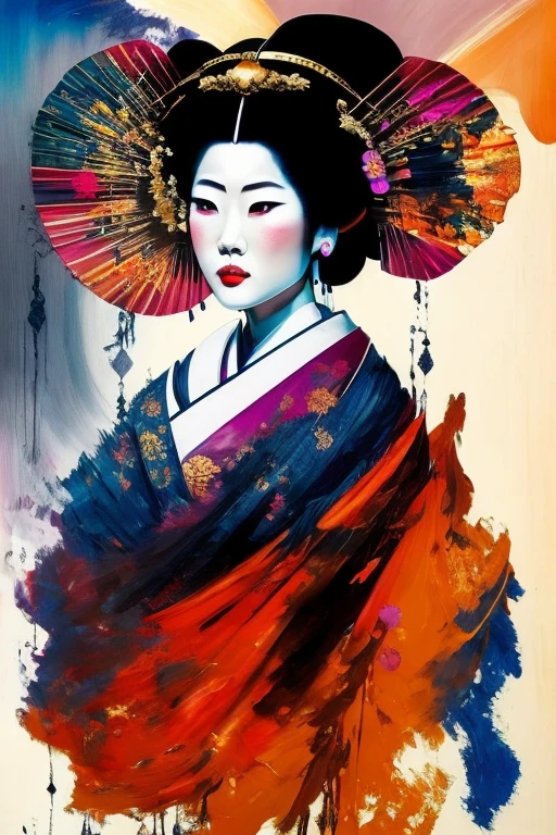 A traditional portrait of a geisha, artfully painted in the style of abstract expressionism, unfolds a captivating canvas of dark, dramatic colors. The geisha, delicately adorned in her intricate garb, gazes introspectively, her visage shrouded in a veil of enigma. The background, a smoky swirl of hues, mirrors the depth of her emotions, while the brushstrokes, bold and expressive, resonate with the dynamism of her spirit. The overall effect is a masterful blend of traditional elegance and modern artistry, a testament to the enduring allure of the geisha and the power of abstract expressionism