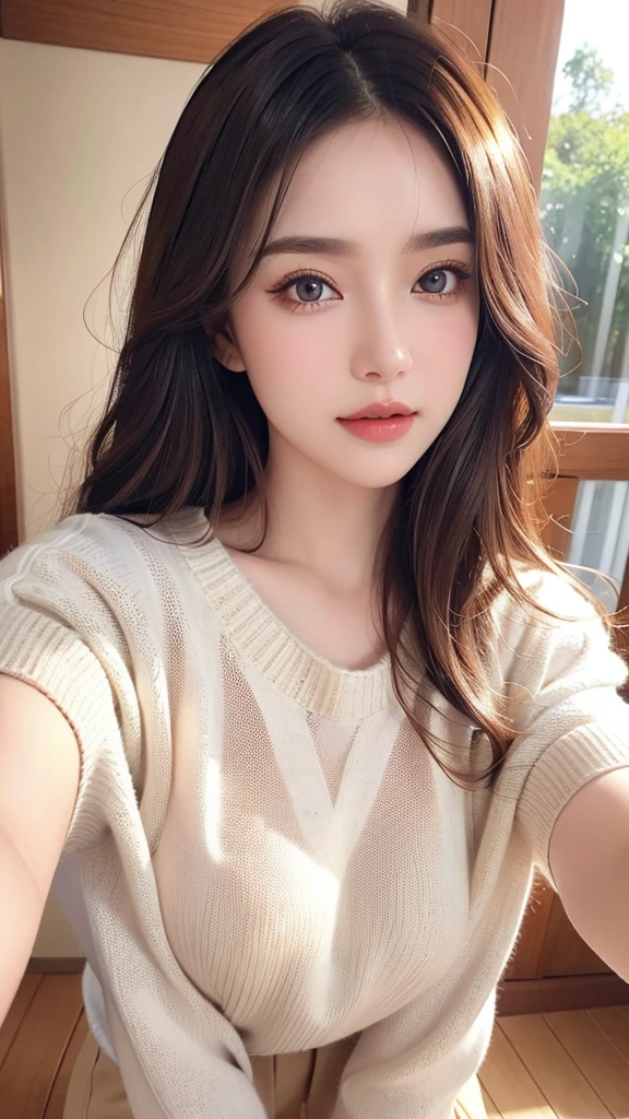 masterpiece, Highest quality, Realistic, Highly detailed CG integrates 8K, 8K,(Very beautiful face, Beautiful Lips, Beautiful Eyes), Exquisitely detailed face,1 Girl, Very beautiful girl,Exquisite eye makeup,Subtle eye detail,The best example of four fingers and one thumb,Toned figure,Nice and beautiful smile,Bright long hair,(masterpiece, Highest quality:1.2),alone,The eyes are exquisite and delicate,Exquisite hair color,( Wear a sexy sweater:1.2),Pastel Tones,Pink Lips,blue eyes,Big Breasts