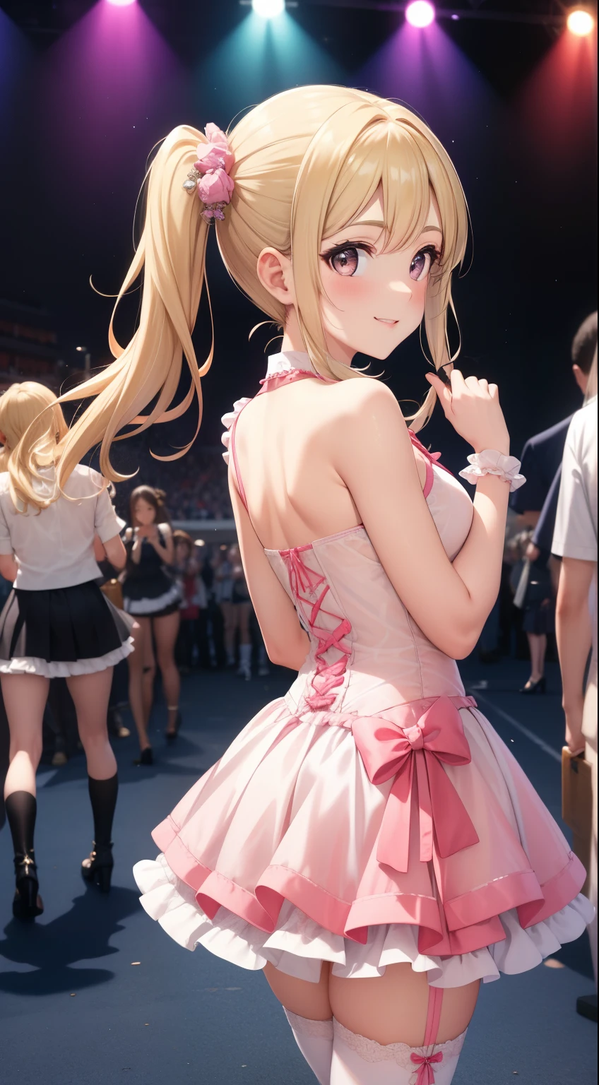 masterpiece, best quality, highly detailed, ultra high res, ayase arisa, 1girl, solo, hazel eyes, hair ornament, short ash blonde hair, (side ponytail), light smile, glossy lips, sleeveless idol dress, very puffy skirt, flared skirt, (see-through skirt), pink thigh highs, white heeled boots, looking back at viewer, crowd, audience