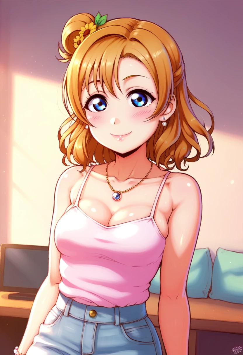 Honoka kousaka love live, blue eyes, orange hair,hair flower, solo, Fashion ,closeup cleavage, boobgasm, bshoulders, perfect eyes, Perfect iris,Perfect skin,Slender face,Soft front light,hdr,Casual,indoors;(pastel colour:1.2)
