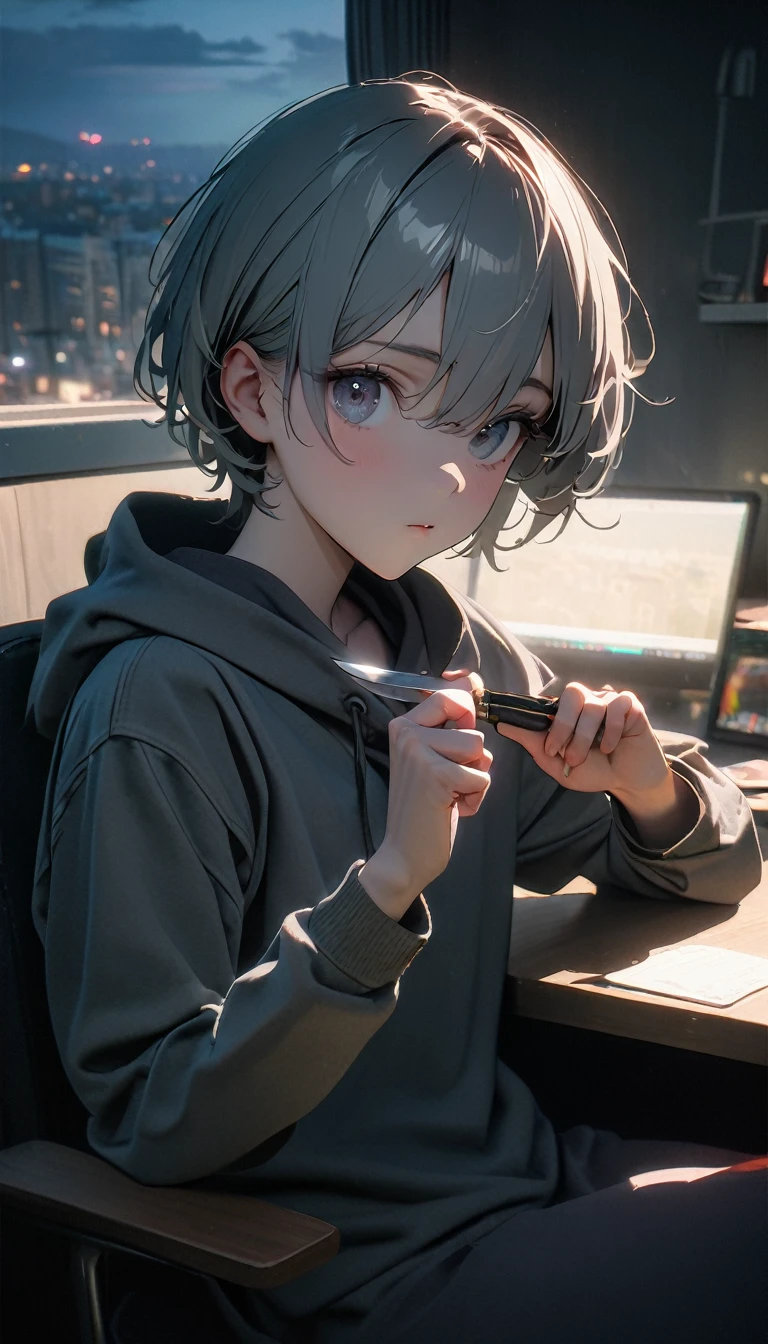 (8K, RAW photos, best quality, masterpiece: 1.4), (((The boy sits at the desk))),Ultra-high resolution, Extremely detailed, light, Close-up of face, handsome boy, black eyes, (delicate eyes, Eyes are bright:1.2), Gray short hair, Fair skin,dark, Grey sweatshirt, sweatshirt with hood,(perfect anatomy:1.2), High-quality shadows, Natural Lighting, (White highlights:1.2), night, cloudy day, (at home:1.2), (Boning knife in hand:1.2)