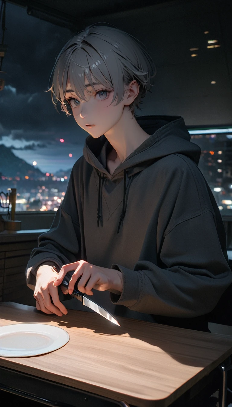 (8K, RAW photos, best quality, masterpiece: 1.4), (((The boy sits at the desk))),Ultra-high resolution, Extremely detailed, light, Close-up of face, handsome boy, black eyes, (delicate eyes, Eyes are bright:1.2), Gray short hair, Fair skin,dark, Grey sweatshirt, sweatshirt with hood,(perfect anatomy:1.2), High-quality shadows, Natural Lighting, (White highlights:1.2), night, cloudy day, (at home:1.2), (Boning knife in hand:1.2)
