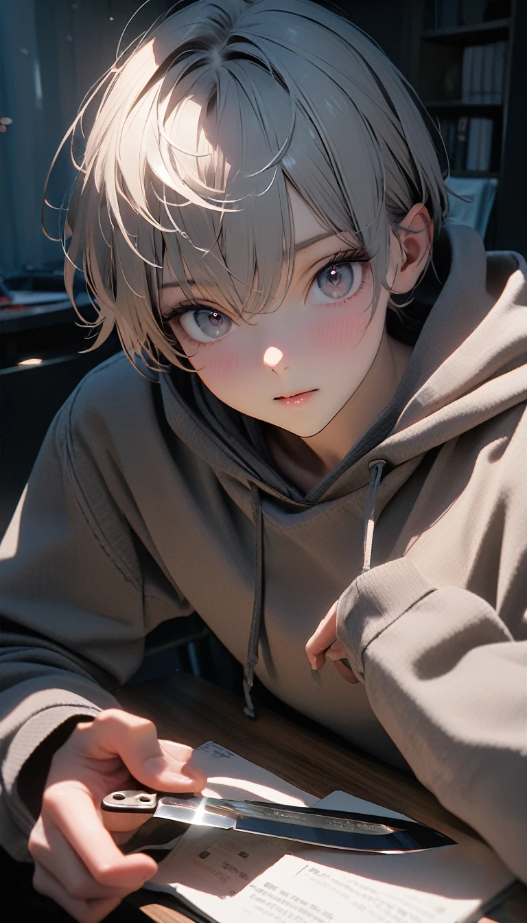 (8K, RAW photos, best quality, masterpiece: 1.4), (((The boy sits at the desk))),Ultra-high resolution, Extremely detailed, light, Close-up of face, handsome boy, black eyes, (delicate eyes, Eyes are bright:1.2), Gray short hair, Fair skin,dark, Grey sweatshirt, sweatshirt with hood,(perfect anatomy:1.2), High-quality shadows, Natural Lighting, (White highlights:1.2), night, cloudy day, (at home:1.2), (Boning knife in hand:1.2)