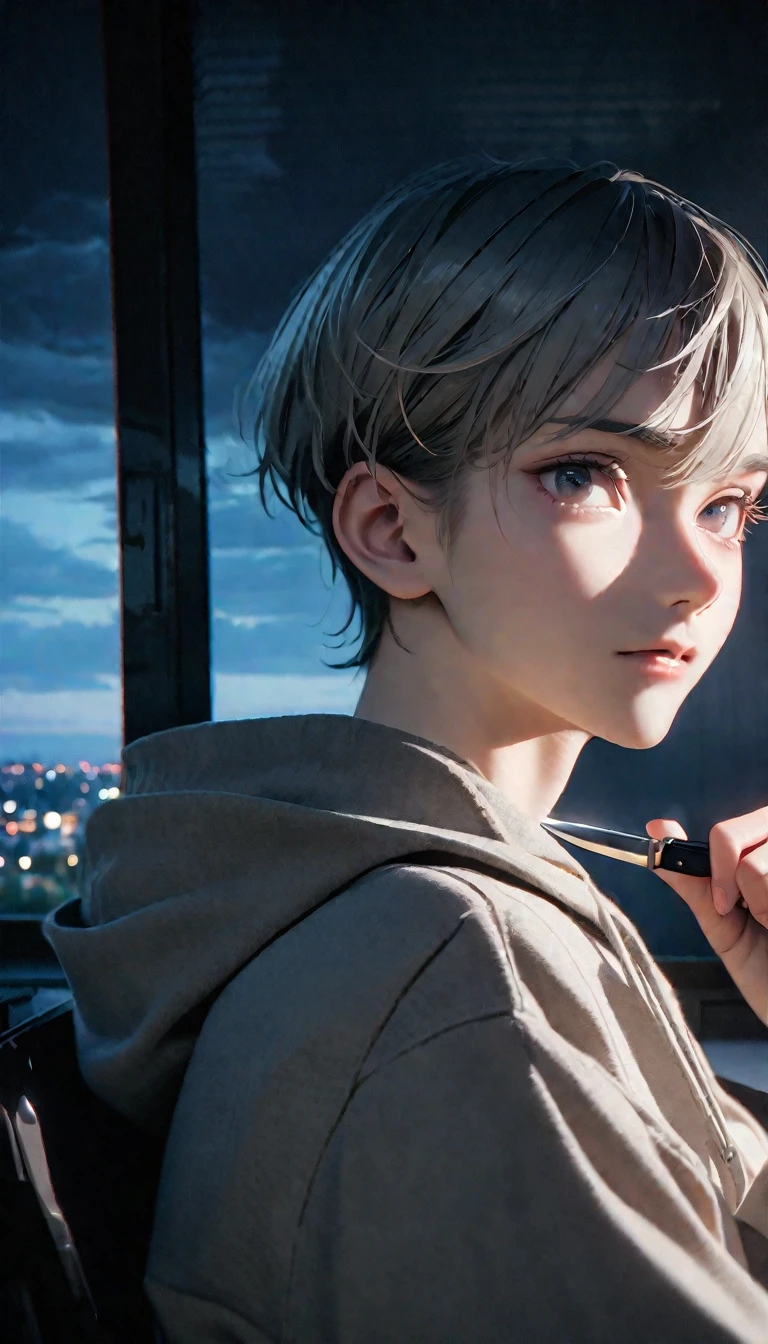 (8K, RAW photos, best quality, masterpiece: 1.4), (((The boy sits at the desk))),Ultra-high resolution, Extremely detailed, light, Close-up of face, handsome boy, black eyes, (delicate eyes, Eyes are bright:1.2), Gray short hair, Fair skin,dark, Grey sweatshirt, sweatshirt with hood,(perfect anatomy:1.2), High-quality shadows, Natural Lighting, (White highlights:1.2), night, cloudy day, (at home:1.2), (Boning knife in hand:1.2)