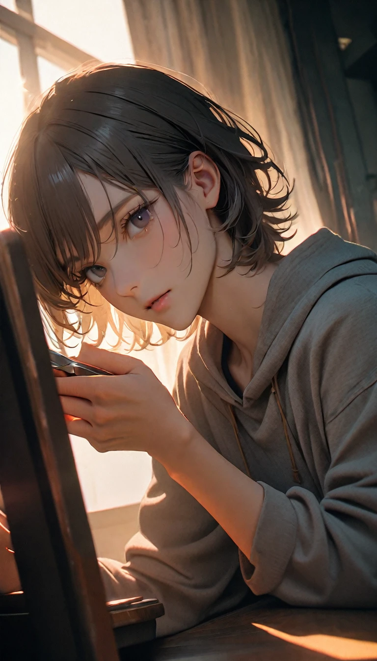 (8K, RAW photos, best quality, masterpiece: 1.4), (((The boy sits at the desk)))，Ultra-high resolution, Extremely detailed, light, Close-up of face, handsome boy, black eyes, (delicate eyes, Eyes are bright:1.2), Gray short hair, Fair skin,dark, Grey sweatshirt, sweatshirt with hood,(perfect :1.2), High-quality shadows, Natural Lighting, (White highlights:1.2), night, cloudy day, (at home:1.2), (Boning knife in hand:1.2)