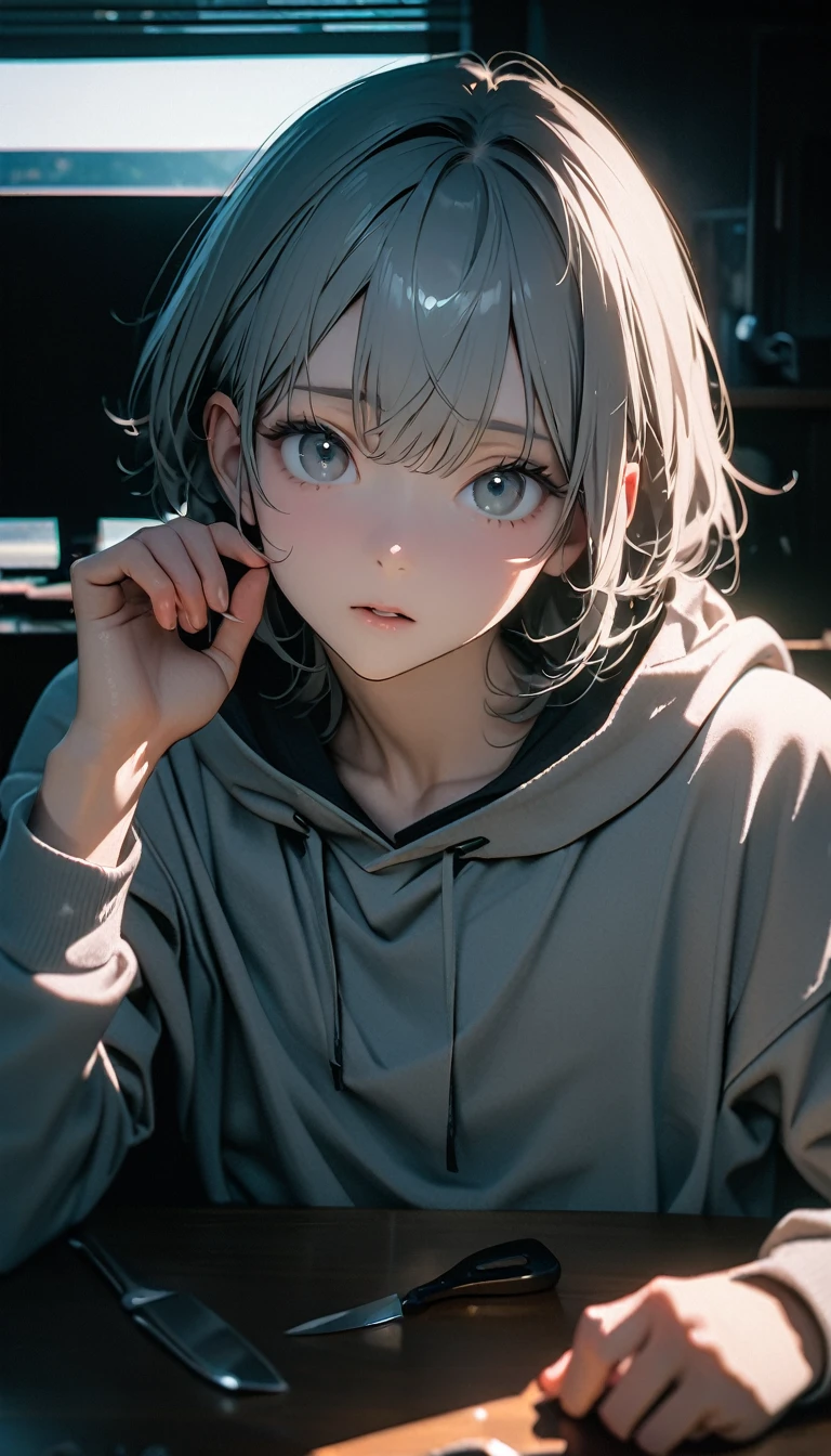 (8K, RAW photos, best quality, masterpiece: 1.4), (((The boy sits at the desk))),Ultra-high resolution, Extremely detailed, light, Close-up of face, handsome boy, black eyes, (delicate eyes, Eyes are bright:1.2), Gray short hair, Fair skin,dark, Grey sweatshirt, sweatshirt with hood,(perfect anatomy:1.2), High-quality shadows, Natural Lighting, (White highlights:1.2), night, cloudy day, (at home:1.2), (Boning knife in hand:1.2)