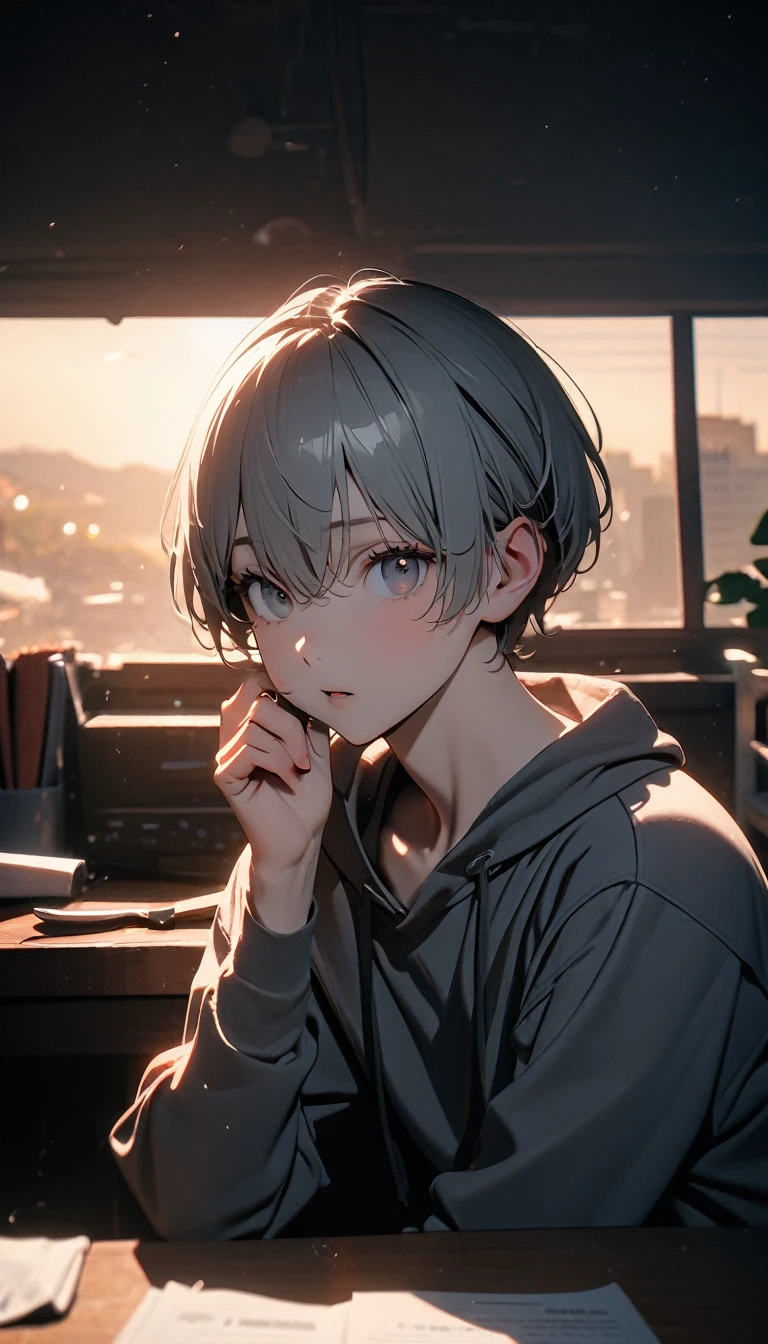 (8K, RAW photos, best quality, masterpiece: 1.4), (((The boy sits at the desk)))，Ultra-high resolution, Extremely detailed, light, Close-up of face, handsome boy, black eyes, (delicate eyes, Eyes are bright:1.2), Gray short hair, Fair skin,dark, Grey sweatshirt, sweatshirt with hood,(perfect anatomy:1.2), High-quality shadows, Natural Lighting, (White highlights:1.2), night, cloudy day, (at home:1.2), (Boning knife in hand:1.2)