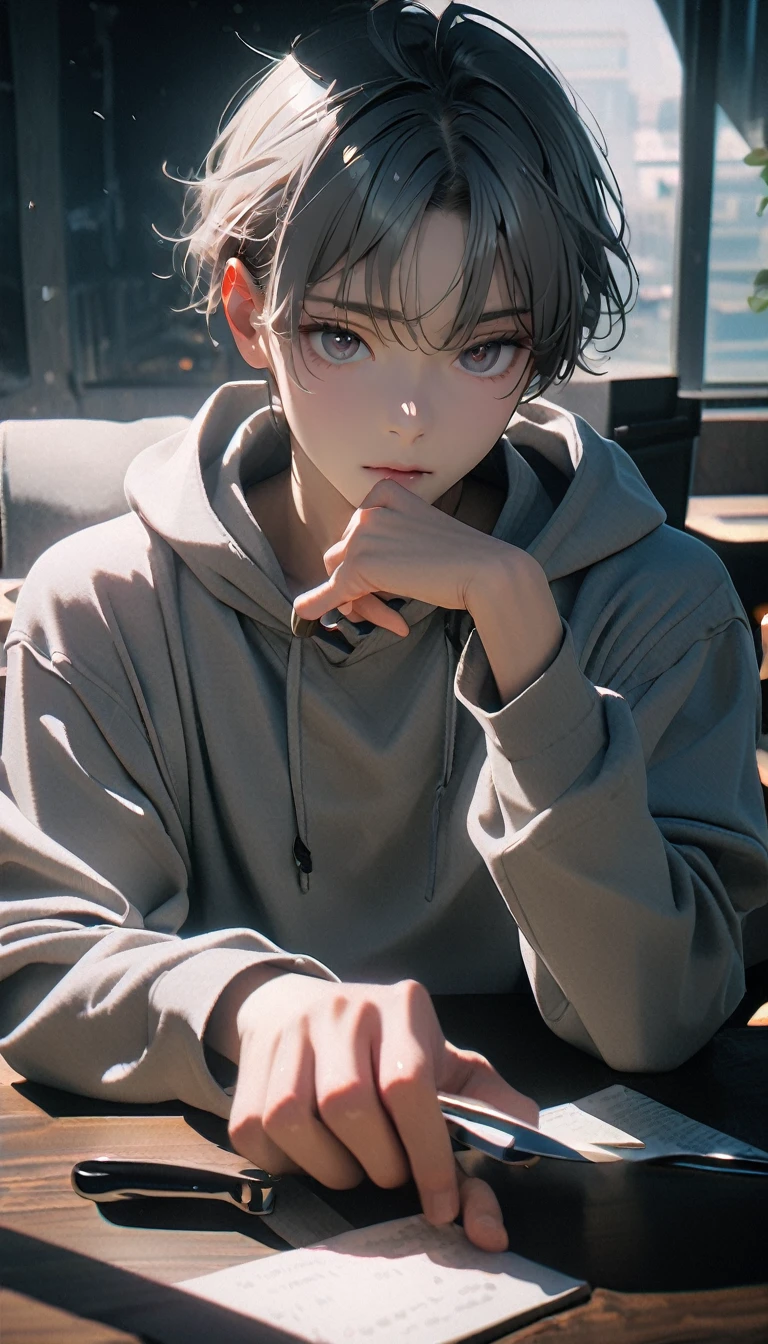 (8K, RAW photos, best quality, masterpiece: 1.4), (((The boy sits at the desk)))，Ultra-high resolution, Extremely detailed, light, Close-up of face, handsome boy, black eyes, (delicate eyes, Eyes are bright:1.2), Gray short hair, Fair skin,dark, Grey sweatshirt, sweatshirt with hood,(perfect anatomy:1.2), High-quality shadows, Natural Lighting, (White highlights:1.2), night, cloudy day, (at home:1.2), (Boning knife in hand:1.2)