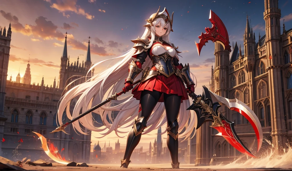 Girl with long white straight hair and medium chest,helmet,black tights,red full body armor,cleavage,red long skirt,leg,giant axe,medieval european city