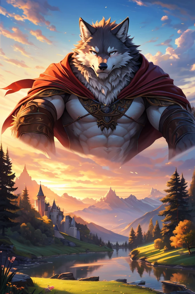 Anthro((dramatic))epic, dynamic pose, One scene of movie, An extreme perspective with a powerful composition, absurdres, Perfect Anatomy, magnificent picture of kemono fighting fierce battles, (ultra detailed), sharp focus, niji, eyesgod, black eye, furry, light-white fur, brown fur, white beard, anthro (wolf), male, middle-aged, gray body, white belly, tail, muscular, knight costume, long red cherry cloak, ultra detailed face, depth of field, motion blur, high details, high quality, award winning, HD, 16k, (best quality,4k,8k,highres,masterpiece:1.2),ultra-detailed,realistic:1.37,HDR,UHD,studio lighting,extreme detail description,professional,vivid colors,bokeh,lively atmosphere, natural lighting, wide view, soft color tones, (vibrant colors), (subtle lighting), (natural, realistic), (serene atmosphere), (peaceful mood), (gentle breeze), (harmonious composition), (distant horizon), (ethereal beauty), (serene landscape), (dreamlike scenery), (tranquil setting), (calming ambiance), (impressionistic style), (captivating scenery), (sublime beauty), (timeless elegance), (evocative atmosphere), (majestic vista), (gentle pastel hues), (serenity and tranquility), (sit on the lawn:1.5), looking up the sky, (castle at distance:1.2), (tree nearby:1.4), (beautiful sunset, vibrant colors, golden light, breathtaking scenery), (close up:1.3)