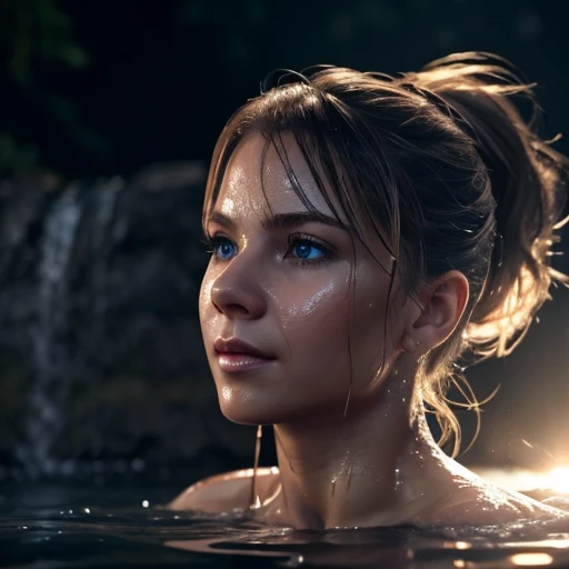 Night scene, close-up photo of Danelia Tuleshova, small breasts, bathing near the waterfall, body soaked in water, lean cheeks, wet hair, chin up, seductive face, no bra, stones, pure water, cleavage show, water on the body, realistic pores on the body, look up at the sky and smile, black ponytail hair, (blue eyes: 0.8), beautiful adult face, 40 yo, soft volumetric lights, (backlit: 1.3), (cinematic: 1.3), intricate details, (ArtStation: 1.