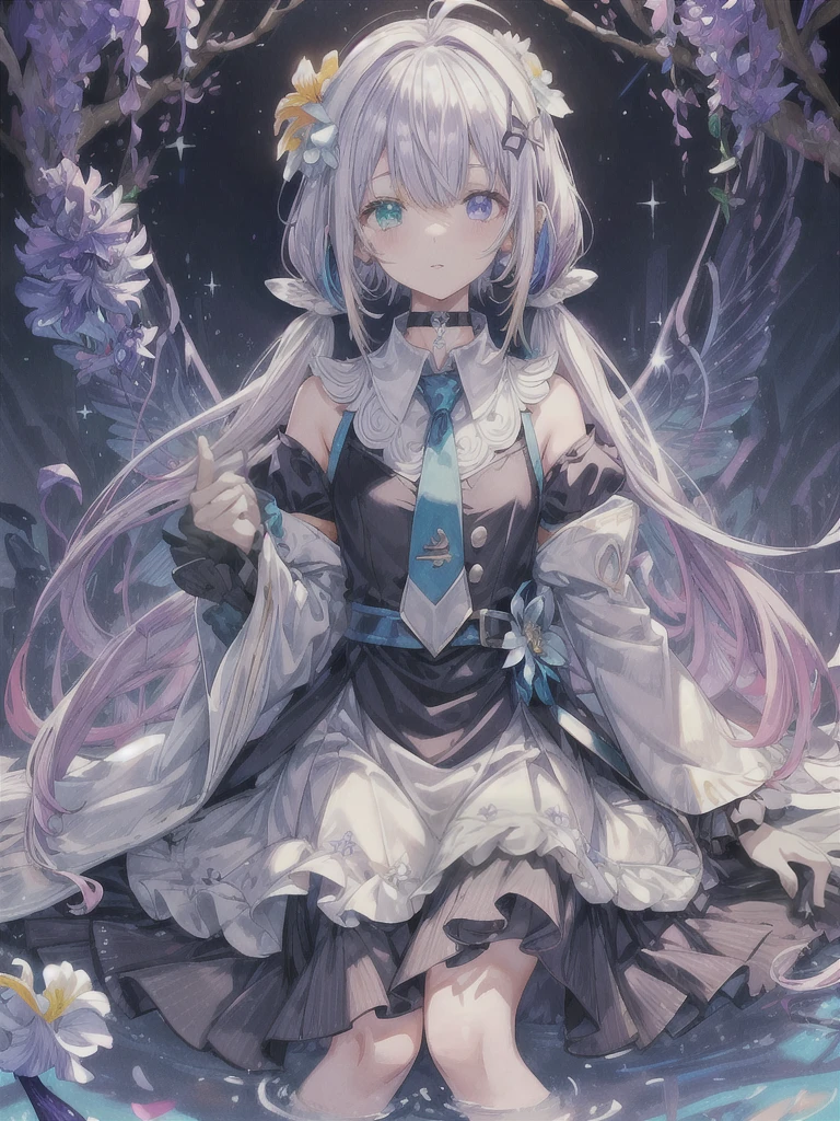 pretty, anime, pastel, neon, vtuber-fullbody vtuber-halfbody, kawaii Masterpiece, young woman, sitting down, parted lips, black eyes, fluffy curly hair, bangs, ahoge, light brown hair, rosy cheeks, short sleeve, black and purple dress, puffy sleeves, black gloves, purple ribbons, ((faded iris)), myceliumtech, scifi, Mycelia, spongy, PsychedelicMasterpiece, ((Faded iris)), flowers, smile, water effect, ahoge, looking up, upper view, yuki miku, very long blue hair, twintails, hair ornament, blue eyes, kawaii looking upupper viewhair ornament(masterpiece:1.2), (hires:1.2), (better hands:1.2), beautiful hands, perfect anatomy, holding star, 1boy, antenna hair, choker, white jacket, shoulder-belt, collared shirt, ear piercing, chain earrings, gradient, stars hair ornament, male focus, multicolored hair, purple hair, yellow strands, yellow necktie, (eye1 purple, eye2 yellow, heterochromia), starlight, starMasterpiece, young girl, white hair, fluffy hair, ahoge, medium length hair, bird feathers, sky, jungle, feather ears, white bird wings, vibrant colors, flowers, flower crown, leaves, white silk dress, detailed sleeves, strewn plants, hair over eyes, butterfly style, more_details:-1, more_details:0, more_details:0.5, more_details:1, more_details:1.5, (((ultra detailed))), softcore, kawaii,