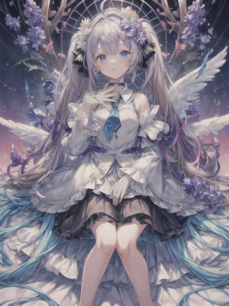 pretty, anime, pastel, neon, vtuber-fullbody vtuber-halfbody, kawaii Masterpiece, young woman, sitting down, parted lips, black eyes, fluffy curly hair, bangs, ahoge, light brown hair, rosy cheeks, short sleeve, black and purple dress, puffy sleeves, black gloves, purple ribbons, ((faded iris)), myceliumtech, scifi, Mycelia, spongy, PsychedelicMasterpiece, ((Faded iris)), flowers, smile, water effect, ahoge, looking up, upper view, yuki miku, very long blue hair, twintails, hair ornament, blue eyes, kawaii looking upupper viewhair ornament(masterpiece:1.2), (hires:1.2), (better hands:1.2), beautiful hands, perfect anatomy, holding star, 1boy, antenna hair, choker, white jacket, shoulder-belt, collared shirt, ear piercing, chain earrings, gradient, stars hair ornament, male focus, multicolored hair, purple hair, yellow strands, yellow necktie, (eye1 purple, eye2 yellow, heterochromia), starlight, starMasterpiece, young girl, white hair, fluffy hair, ahoge, medium length hair, bird feathers, sky, jungle, feather ears, white bird wings, vibrant colors, flowers, flower crown, leaves, white silk dress, detailed sleeves, strewn plants, hair over eyes, butterfly style, more_details:-1, more_details:0, more_details:0.5, more_details:1, more_details:1.5, (((ultra detailed))), softcore, kawaii, 
