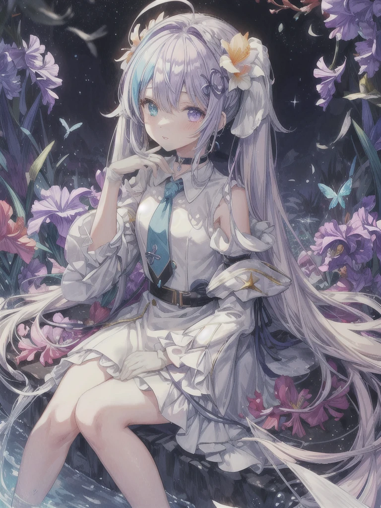 pretty, anime, pastel, neon, vtuber-fullbody vtuber-halfbody, kawaii Masterpiece, young woman, sitting down, parted lips, black eyes, fluffy curly hair, bangs, ahoge, light brown hair, rosy cheeks, short sleeve, black and purple dress, puffy sleeves, black gloves, purple ribbons, ((faded iris)), myceliumtech, scifi, Mycelia, spongy, PsychedelicMasterpiece, ((Faded iris)), flowers, smile, water effect, ahoge, looking up, upper view, yuki miku, very long blue hair, twintails, hair ornament, blue eyes, kawaii looking upupper viewhair ornament(masterpiece:1.2), (hires:1.2), (better hands:1.2), beautiful hands, perfect anatomy, holding star, 1boy, antenna hair, choker, white jacket, shoulder-belt, collared shirt, ear piercing, chain earrings, gradient, stars hair ornament, male focus, multicolored hair, purple hair, yellow strands, yellow necktie, (eye1 purple, eye2 yellow, heterochromia), starlight, starMasterpiece, young girl, white hair, fluffy hair, ahoge, medium length hair, bird feathers, sky, jungle, feather ears, white bird wings, vibrant colors, flowers, flower crown, leaves, white silk dress, detailed sleeves, strewn plants, hair over eyes, butterfly style, more_details:-1, more_details:0, more_details:0.5, more_details:1, more_details:1.5, (((ultra detailed))), softcore, kawaii, 