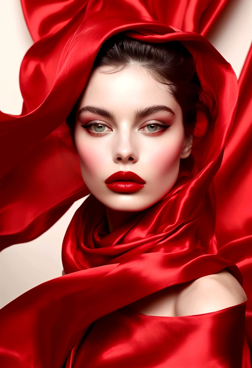 beautiful woman with her eyes covered in red silk, photographed in the style of fashion photographer Hedi Slimane. The background is an abstract composition made entirely of red fabric. Her lips have glossy lipstick on them. --ar 3:4 --s 1000