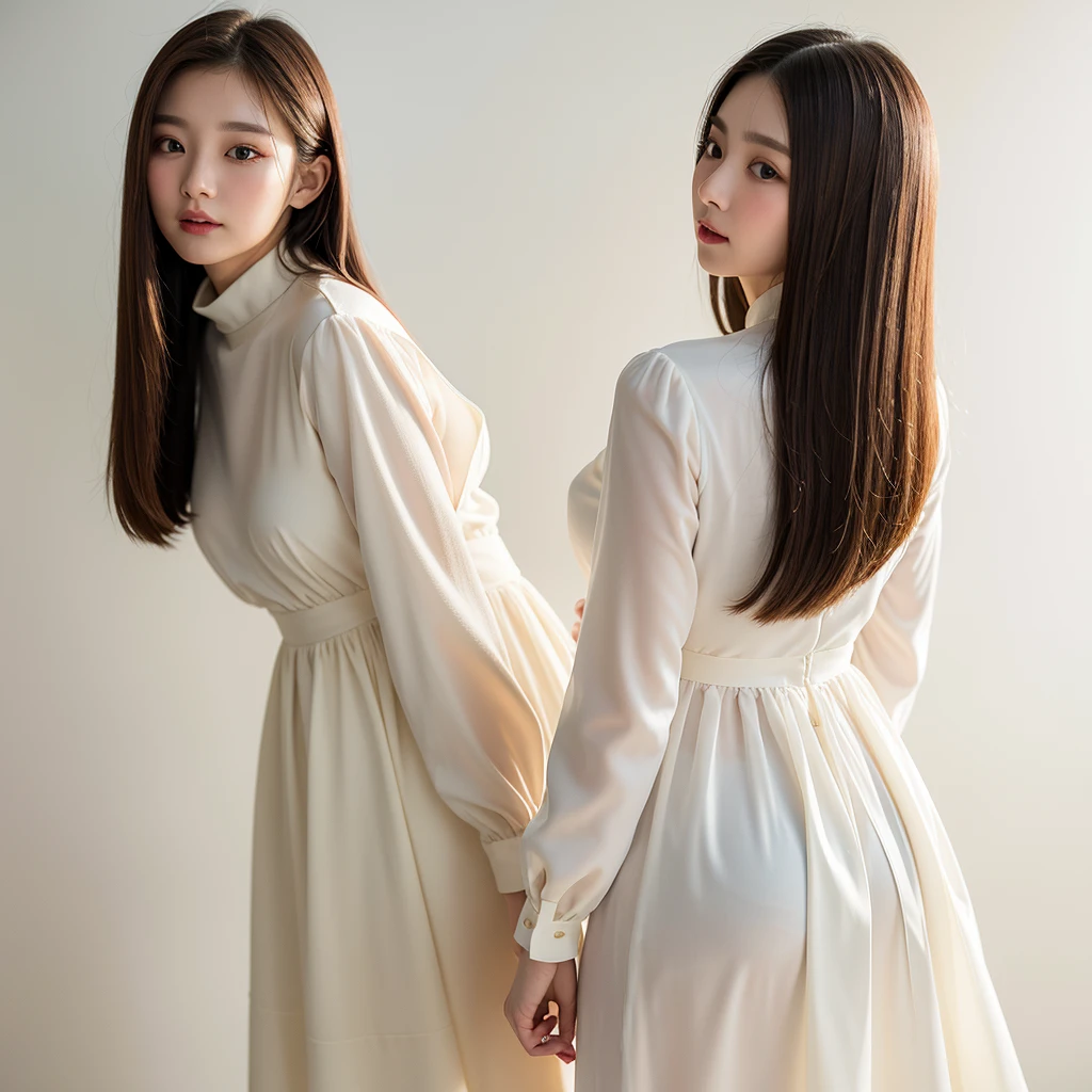 8k wallpaper、Highest quality、masterpiece、Realistic、Realistic、Shooting against a pure white background、White dress with long sleeves、Angle from behind、Photographed in natural light、Super detailed、30th generation、Korean、Hairstyle: Straight straight hair.、Delicate skin types、Increases hair shine