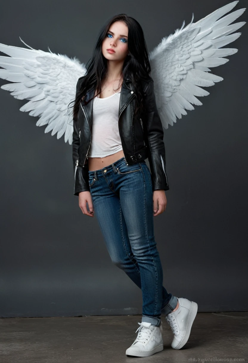 Girl with long black hair. She has blue eyes and her skin is white. She’s wearing a black leather jacket, blue jeans, and she has storage shoes. She has big white wings and she can fly. [Girl] [Wings] [Fantastic] [Beautiful]