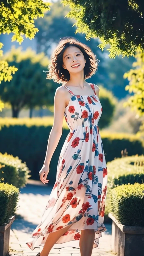 masterpiece, highest quality, disorganized, perfect anatomy, 1 girl, alone, pascal tales, short hair, beautiful, Hilarious, sunny day, botanical garden, Summer winds, sundress, Floral, wavy hair, smile