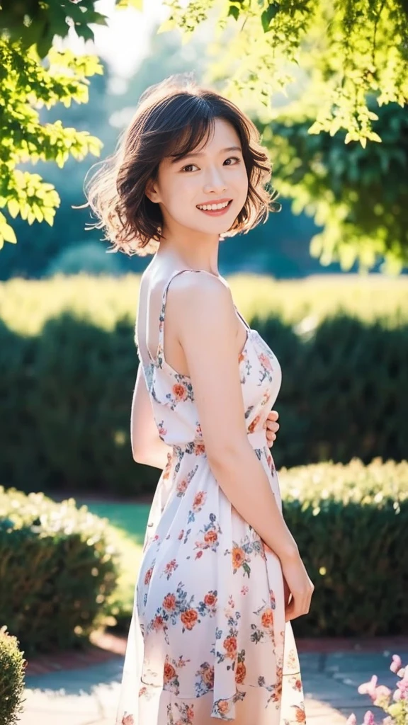 masterpiece, highest quality, disorganized, perfect ???????, 1 girl, alone, pascal tales, short hair, beautiful, Hilarious, sunny day, botanical garden, Summer winds, sundress, Floral, wavy hair, smile