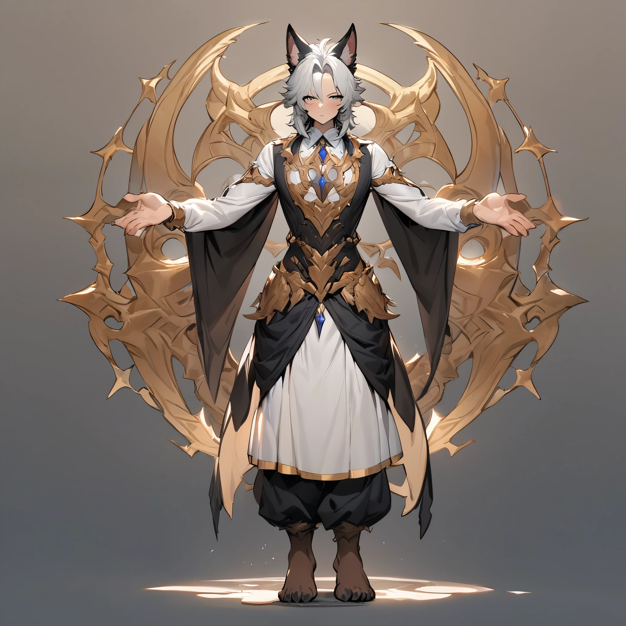 ((masterpiece)), (ultra detailed), (best quality), simple background, (style of fantasy), (in t-pose, full body, hands up), absurdres, perfect anatomy(angelic handsome boy, kemono)(furry anthro),