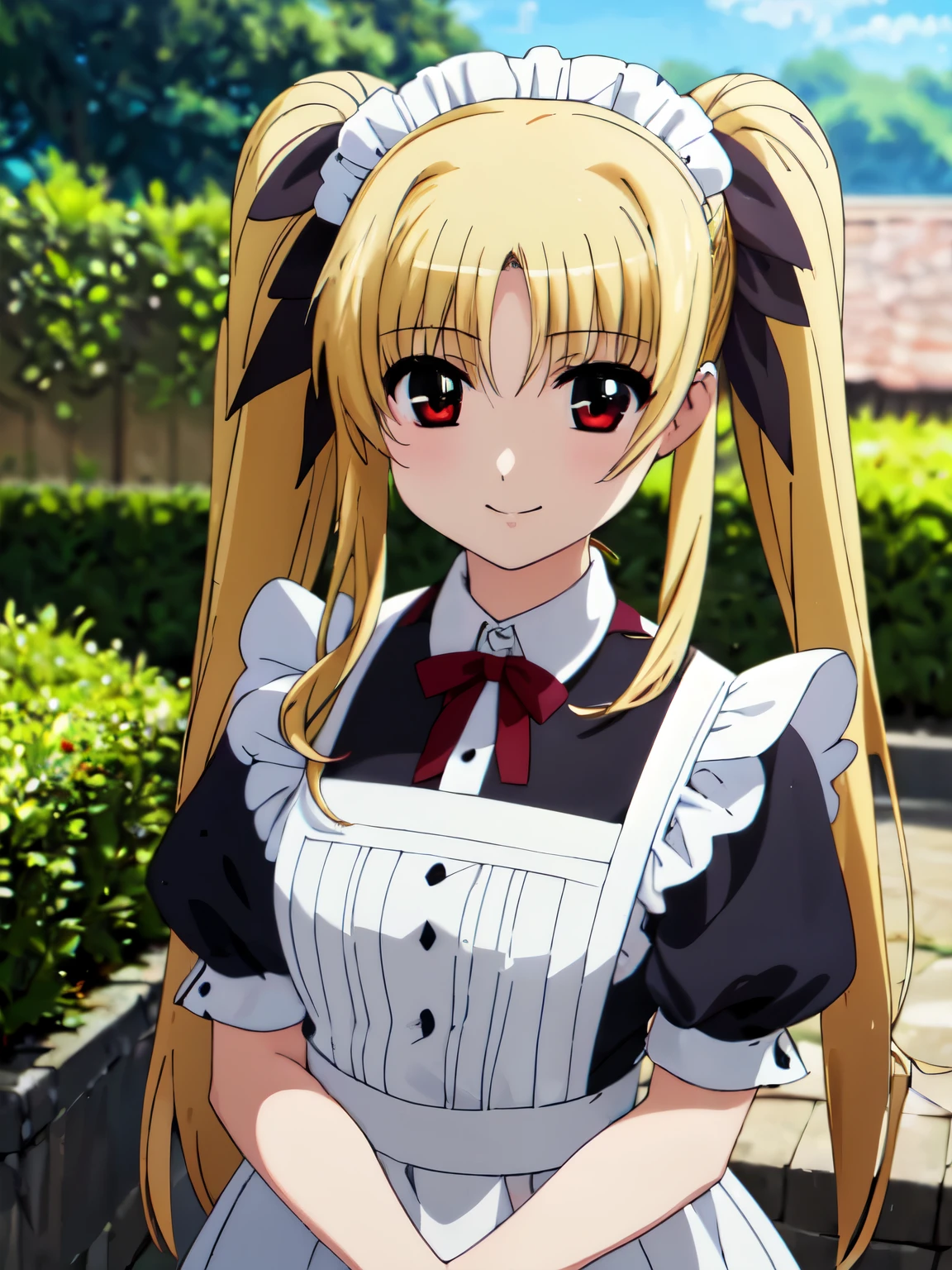 Highest quality, masterpiece、(Anime illustration style:1.2)、outdoor、garden、be redheaded、victorian maid outfit、Twin tails、Red eyes、Blonde Hair、Closed Mouth、(Real、Photorealistic、Photorealistic)、HDR、uhd、Ultra-fine painting、Sharp Focus、Physically Based Rendering、Cowboy Shot、smile