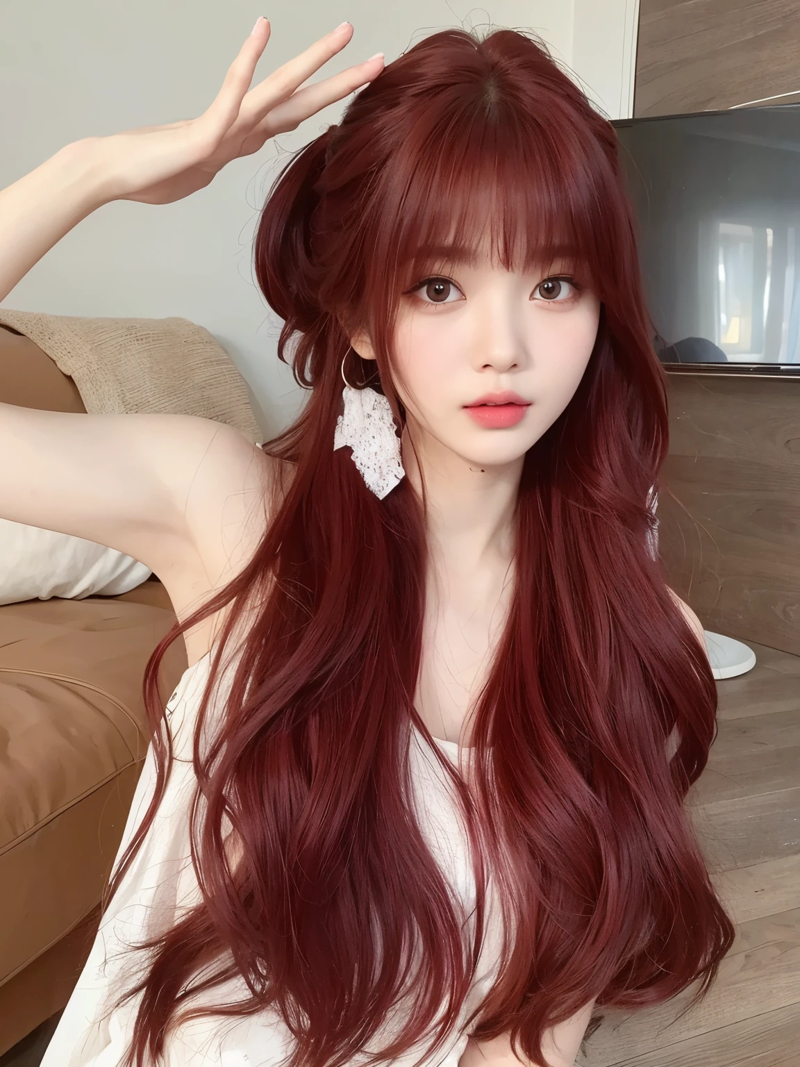 masterpiece，Best quality，A girl with red hair，Long curly hair，Very curly hair，Flowing long hair，Facing the camera，Bangs，A girl，Exquisite facial features，20 years old，Chinese Girl，

