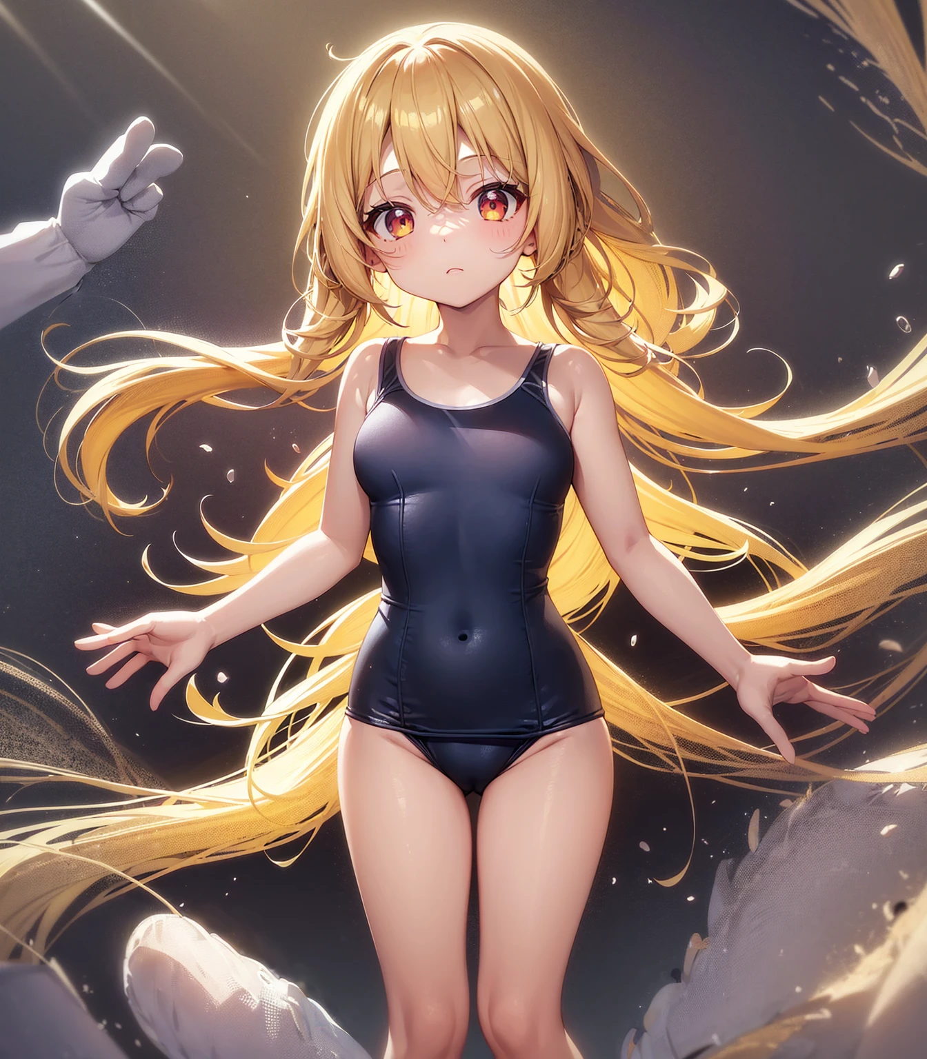 (School Swimsuit), Cute little ,Tiny Lori,Small girl,,Childish face, Very fine clean face,Top quality, Big eyes,Straight Hair,Yellow hair,Crimson Eye,(Dark Room), Subtle light, Natural light,Soft lighting,Light from directly behind, (Are standing), Cute pose, Open your hands, Showing the whole body,Front view,Black background