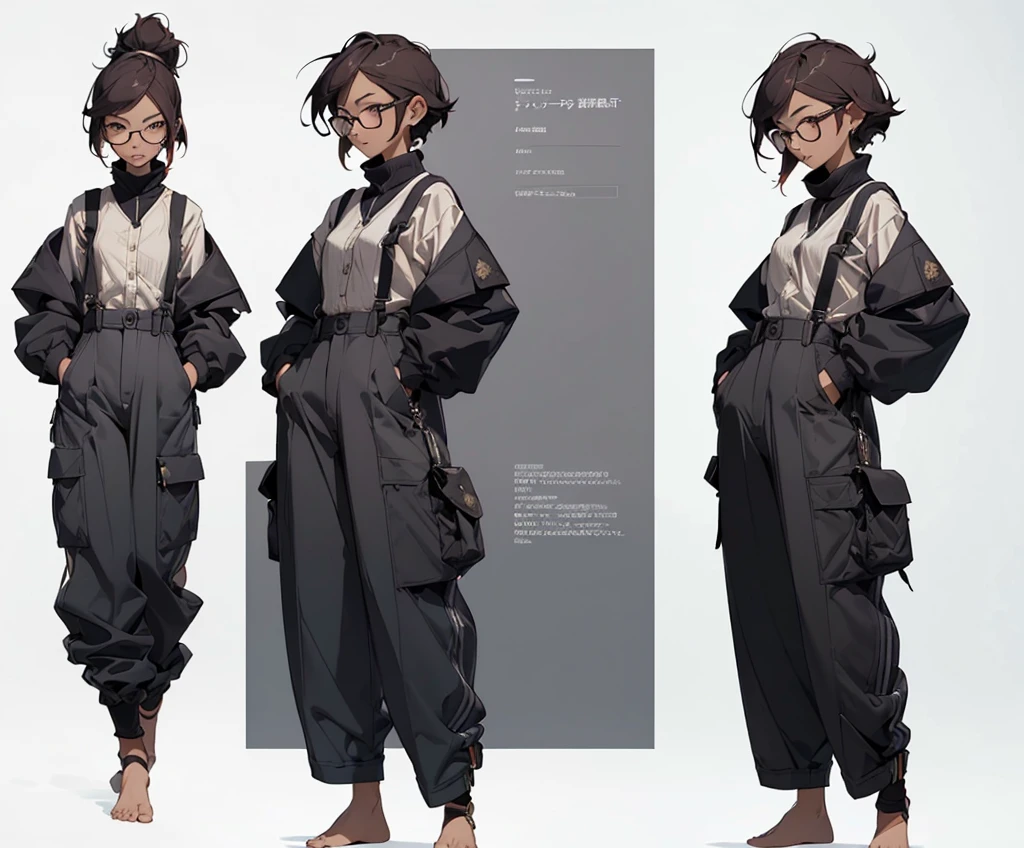 (mature woman), (age 25 years), ((Exquisite Face), (There are complete details...)), (Jitai pose), (Wear glasses), (slight smile), ((Sexy Eyes), (eyes looking straight.)), (Clear 8K images), ((Medium camera angle showing thighs), (standing pose)), (Anime style), (suspenders), (master-piece), ((There are body details..., (perfect hands), (perfect feet)), (line art), ((Character concept art)), ((Character design sheet, Same character.., front-view, Side View, Reverse view, three-quarter view)), 6 half full heads, (tomboy), (long pants), (hands in pocket), (cool pose)