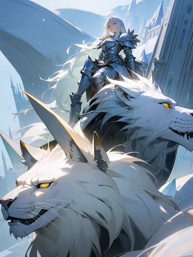 a white-haired woman with yellow eyes in silver armor riding a white lion with a blue mane, in the background a castle made of crystals and ice.