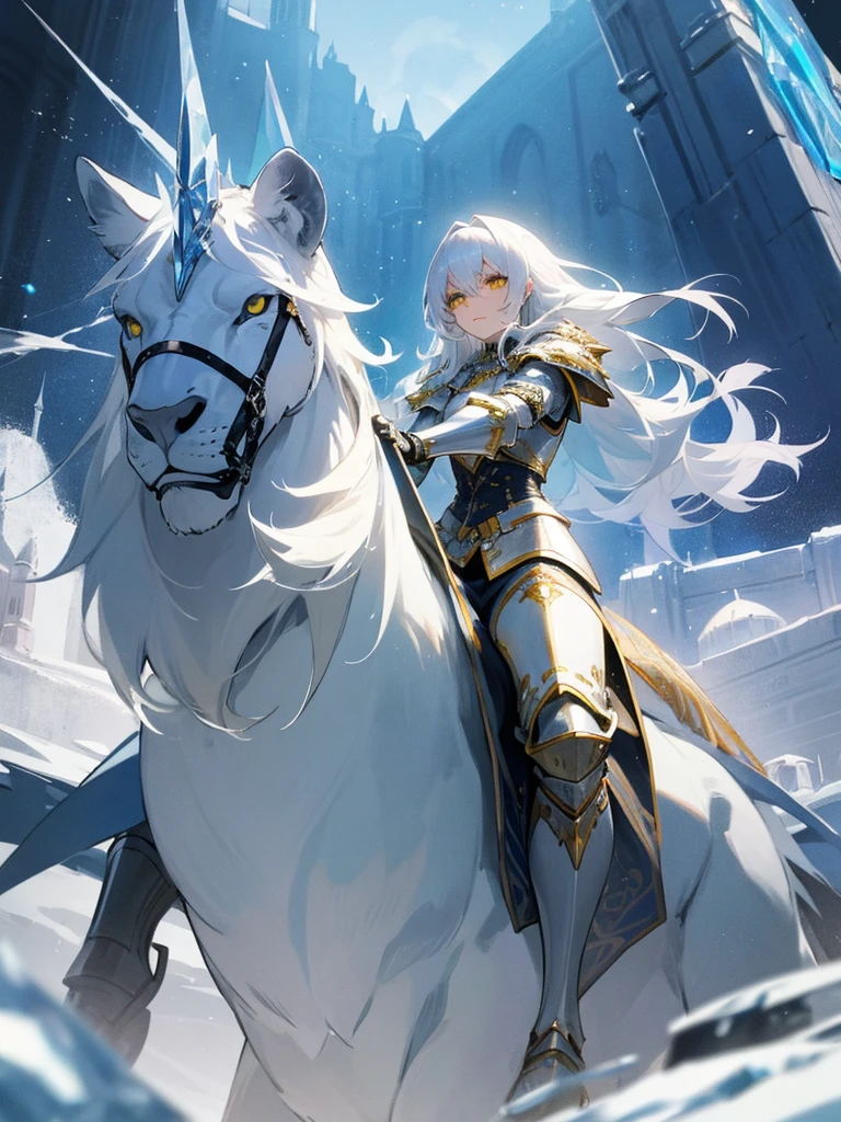 a white-haired woman with yellow eyes in silver armor riding a white lion with a blue mane, in the background a castle made of crystals and ice.