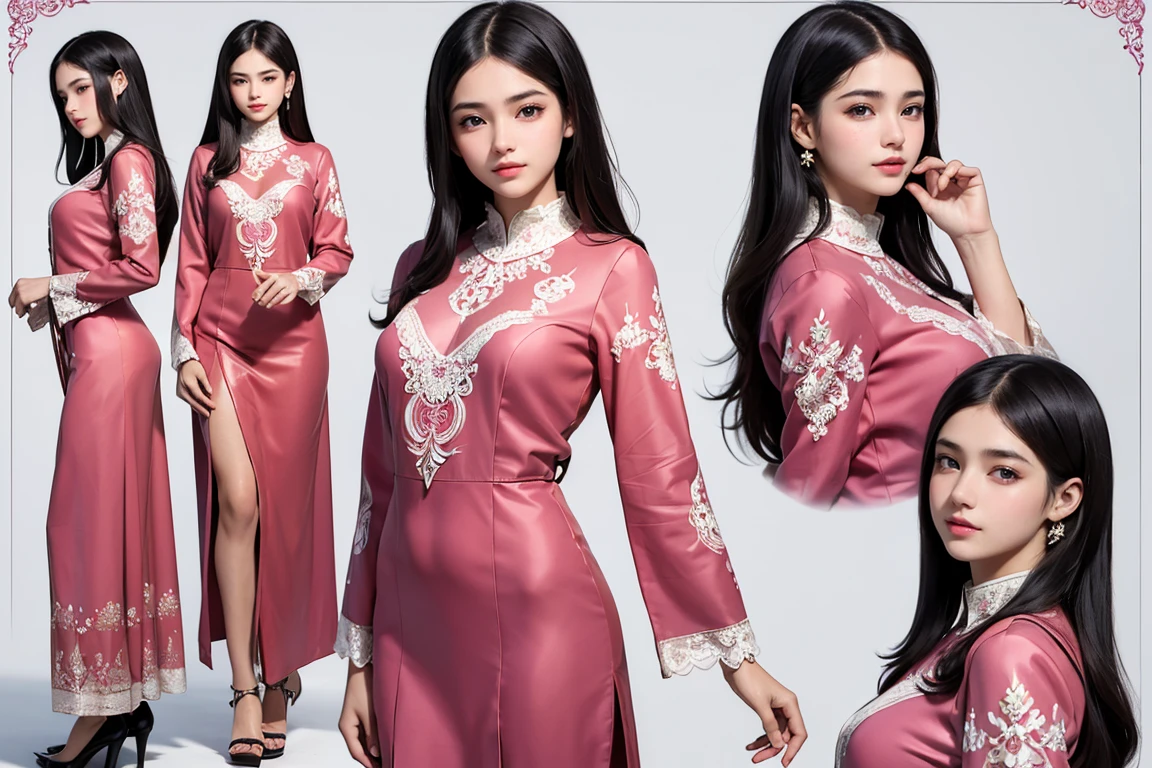(masterpiece, best quality), ultra detailed, high resolution, 16k, the most beautiful face in the world, perfect face, delicate facial features, highly detailed beautiful face and eyes, shiny skin, highly detailed background, elaborately designed, fine cloth texture, perfect anatomy, BREAK, (gorgeous and stunning age girl in salon kebaya:1.3), perfect make-up, deeply in love, full of elegance, (full body:1.5), (three view drawing, front and back and side, character sheet:1.3)