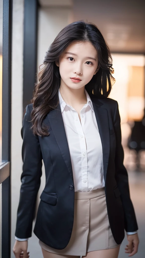 最high quality, masterpiece, 1 Girl, Beautiful Face, (Photorealistic photography:1.3), Rim Light, (Skin with attention to detail:1.2), 8K UHD, Digital SLR, high quality, High resolution, 4K, 8K, Bokeh, (Genuine: 1.3), Small face, pretty girl, Black Formal Blazer, Middle chest, Short skirt,office