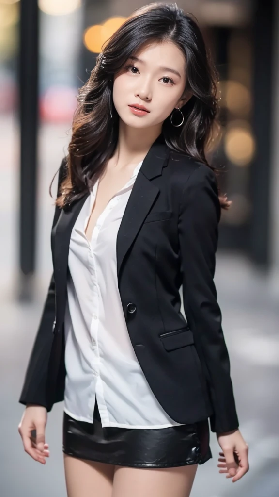 最high quality, masterpiece, 1 Girl, Beautiful Face, (Photorealistic photography:1.3), Rim Light, (Skin with attention to detail:1.2), 8K UHD, Digital SLR, high quality, High resolution, 4K, 8K, Bokeh, (Genuine: 1.3), Small face, pretty girl, Black Formal Blazer, Middle chest, Short skirt,office