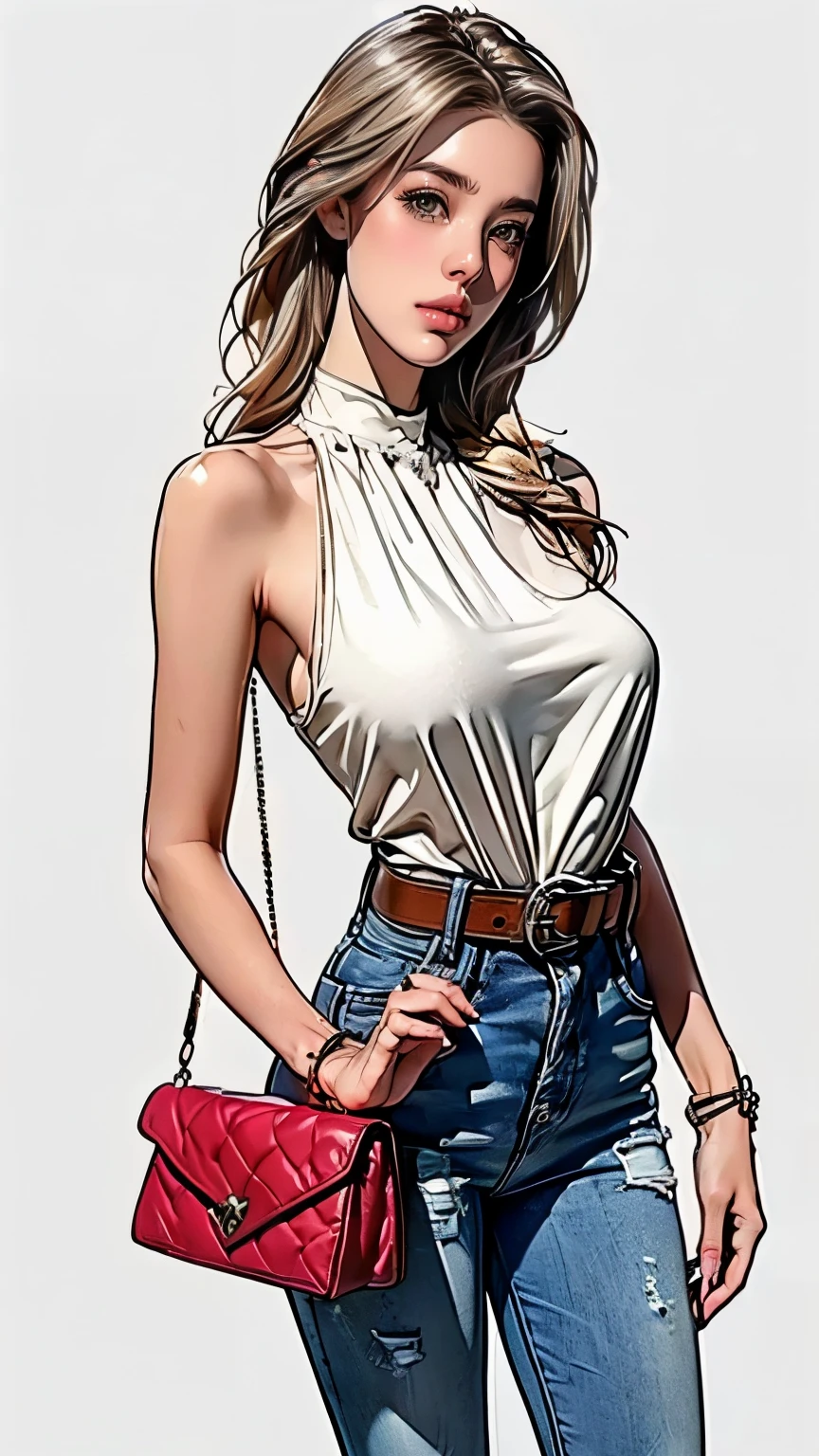 ((best quality,4K,highres,masterpiece:1.2)),((Concept art for characters)), 1 Frau, age 17. For a casual weekend outfit, (((She wears a relaxed yet chic ensemble by Hermes. She wears a simple white silk blouse by Hermes and the iconic high-waisted, Jeans with belt))). The outfit is rounded off by a pair of comfortable Hermes Oran sandals, perfect for a relaxing weekend trip. Her accessories include a classic Hermes Evelyne shoulder bag and a stylish Hermes enamel bracelet. Despite the casual nature of her outfit, Her style exudes effortless elegance and sophistication, which is characteristic of the Hermes brand. ((elaborate details)), superfeine, detailed hands, ultra-fine detailed fingers(((ten fingers))), (stand casually), (Full Body Showcase), (Show full body), (no logos on background), (no logo), ((simple backround)), ((simple backround)), (((blank background))).