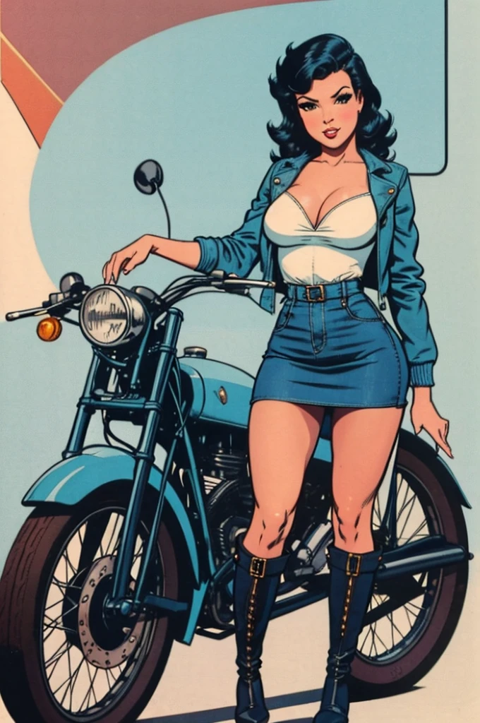 gorgeous woman, vintage pin up, leather jacket, blue-black hair, denim skirt, short skirt, boots
