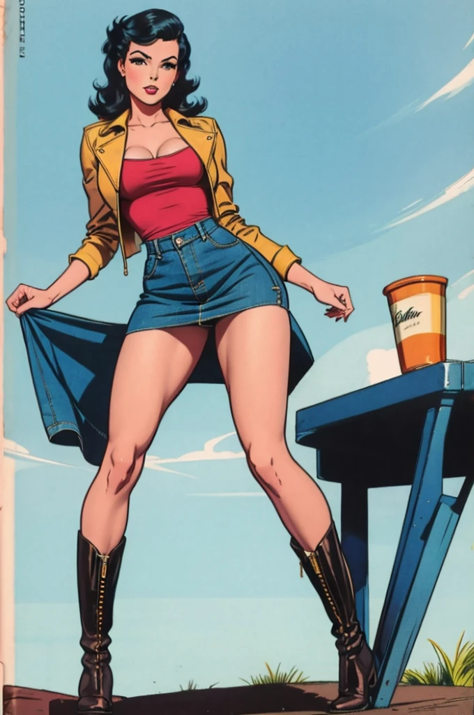 gorgeous woman, vintage pin up, leather jacket, blue-black hair, denim skirt, short skirt, boots