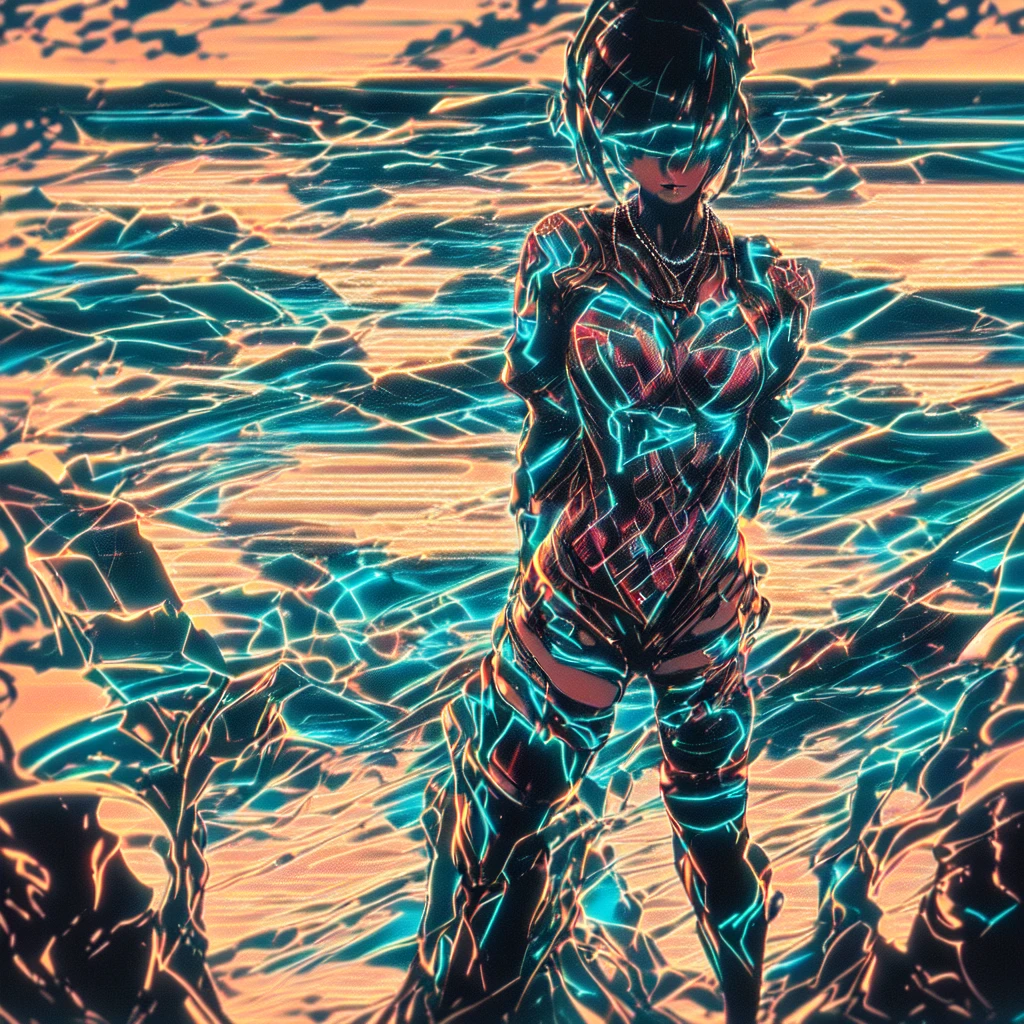 1girl, solo, red hair, ass, breasts, black eyes, android, from behind, barcode, wading, looking back, joints, robot joints, glowing, glowing hair, short hair, colored skin, arms at sides, water, ass support, medium breasts, looking at viewer, hair between eyes, mechanical parts, red skin, curly hair, partially submerged, water, space, reflection, stars, galaxy, ocean, horizon, night, depth of field, wet, sea, zPDXL3, detailxl, Score_PnyReal, (lineless:1.5)
