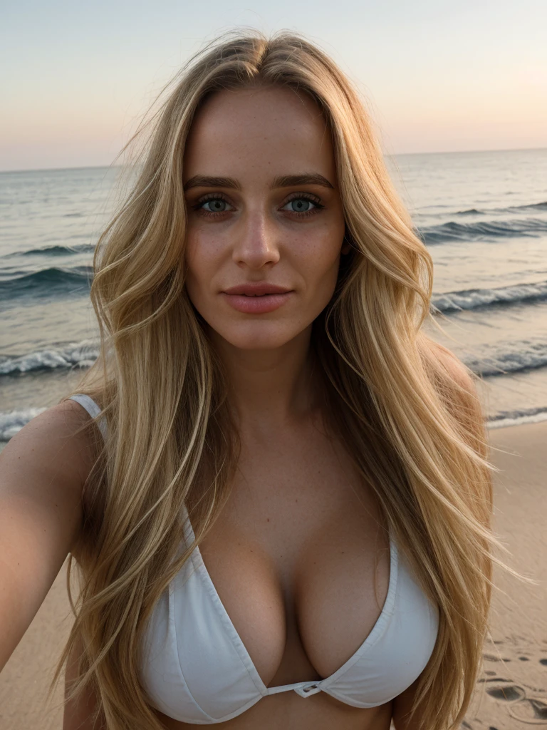 solo, photorealistic, wide shot, best quality, hyper detailed, 25 years old Circasssian woman, (((mature-looking face))), high detailed skin texture and pores, high detailed deep wrinkles, (((wavy long blonde hair))), (((Circassian face))), sexy body, she takes a selfie on a beach at sunset, the wind blowing through her messy hair. The sea stretches out behind her,lighthouse,Coastal , creating a stunning aesthetic and atmosphere 35 mm lens, accent lighting, global illumination