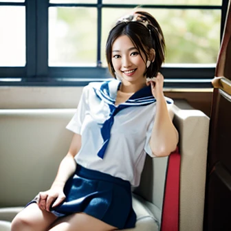 (masterpiece: 1.2, Highest quality), (Realistic photos, Realistic Skin, Realistic body, Intricate details), alone, casual, alone, 1 Girl, Cowboy Shot, null, Show Viewer, Serafuku, White shirt, Blue sailor collar, Red neckerchief, Blue Skirt, (Japanese Idols),, Slim figure, Narrow waist, Beautiful feet, 16 years old, (high school girl), Charm,