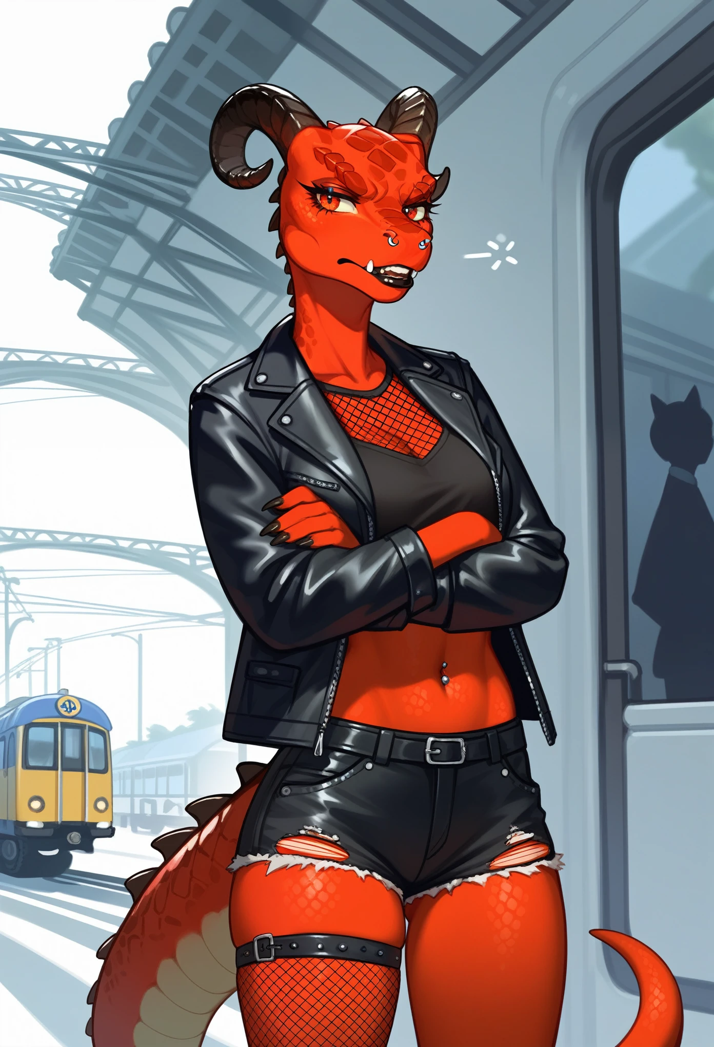 , score_9,score_8_up,score_7_up, anthro Argonian female from skyrim, kemono style, Anthro reptile girl, snout, all red skin, some black scales, red eyes, black lips, black horns, black ram horns, red tail, black lips, nose piercing, wearing black leather jacket, black crop top, black ripped short shorts, black fishnet leggings, gritting teeth, pouting, annoyed, front view, cowboy shot, front view , standing, outdoors, in an empty train station, ghetto train station, arms crossed