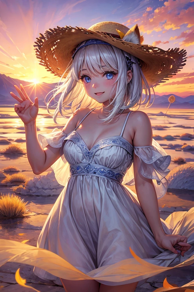 1 girl, masterpiece, Extremely detailed, (Beautiful and detailed light), lens flare, white hair, short hair, flowing hair, Look back, back to back, Smile, blue eyes, White dress, Medium breasts, Upper Body, Wide-angle lens, straw hat, ((Salar de Uyuni)), sunrise, cloud, Backlight, Purple sky, yellow sky, Gradient sky, Hand on hat