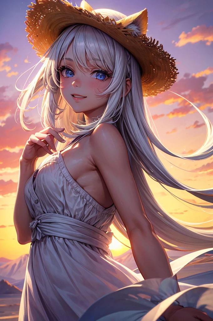 1 girl, masterpiece, Extremely detailed, (Beautiful and detailed light), lens flare, white hair, short hair, flowing hair, Look back, back to back, Smile, blue eyes, White dress, Medium breasts, Upper Body, Wide-angle lens, straw hat, ((Salar de Uyuni)), sunrise, cloud, Backlight, Purple sky, yellow sky, Gradient sky, Hand on hat