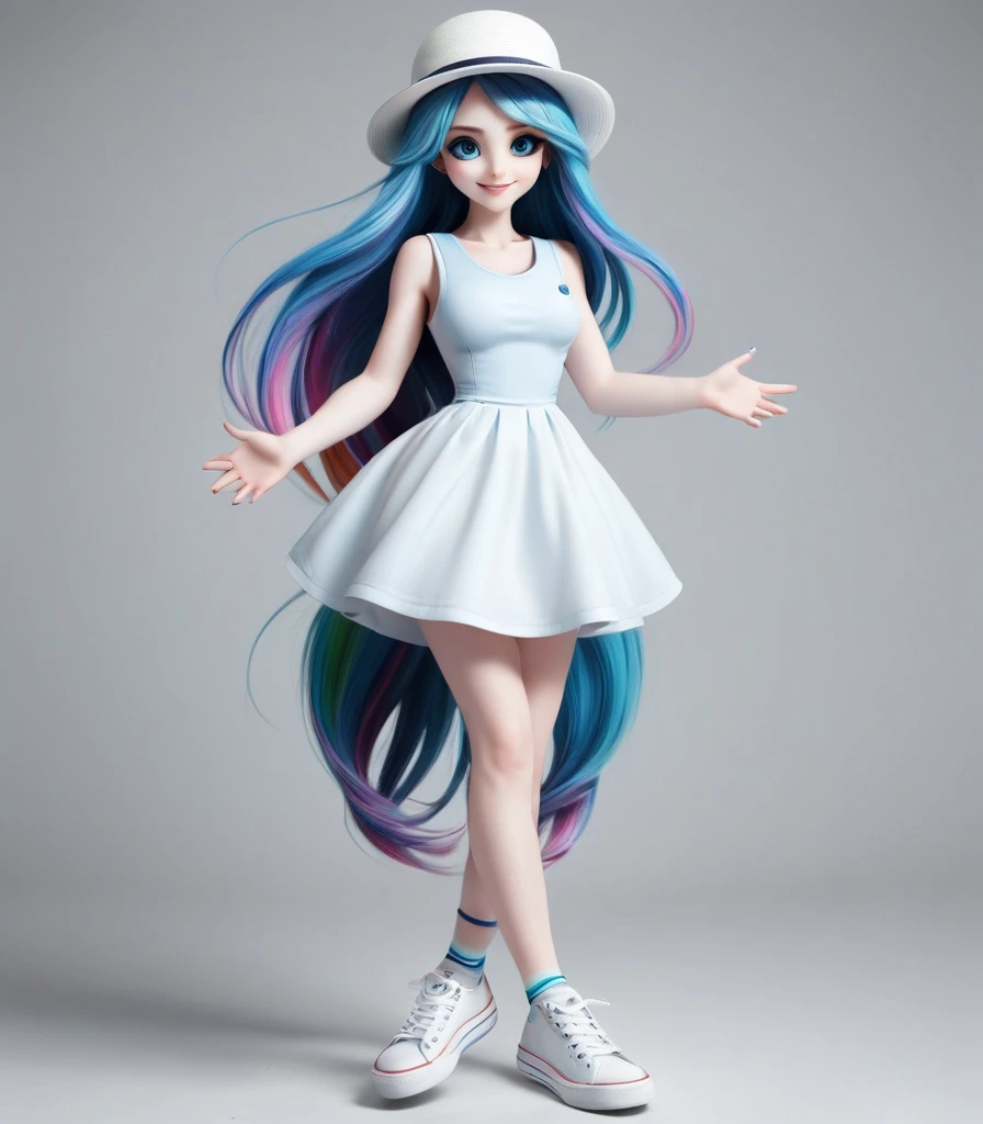 Create an image of a cheerful blue-skinned female character with long rainbow hair. The character has large, expressive eyes with black pupils and white highlights, giving a lively and friendly expression. The character is wearing a white hat, a white sleeveless dress, and white shoes. The character is depicted in a dynamic, playful pose with one leg bent and arms slightly raised, as if mid-dance or jump. The background should be plain white to keep the focus on the character.