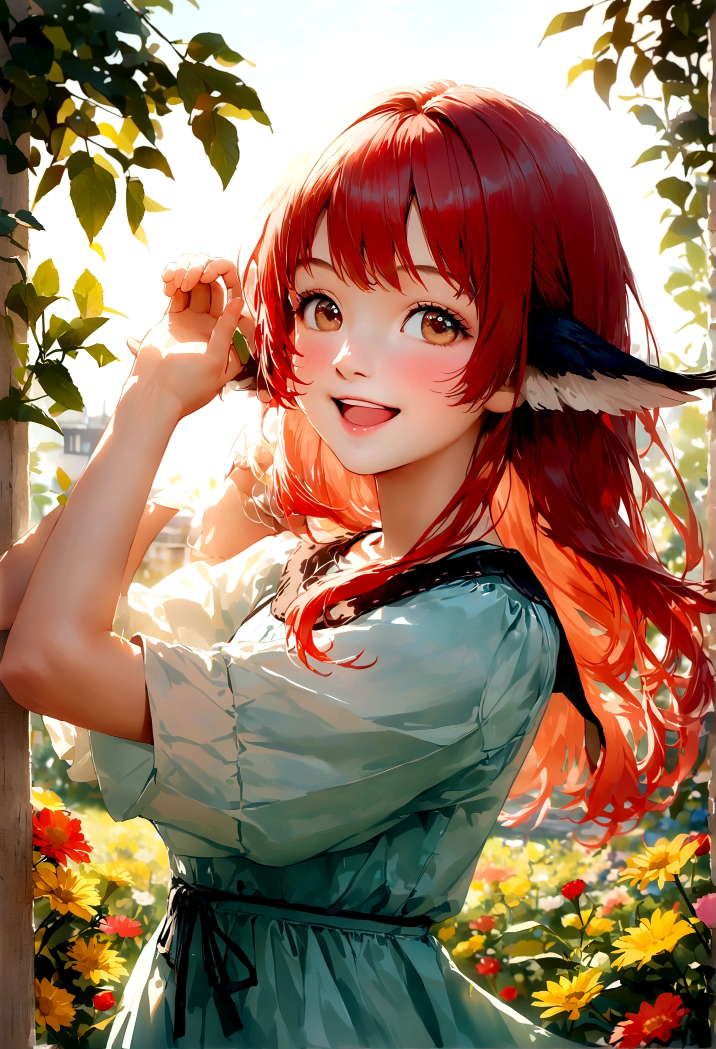 Secondary elements,Secondary elements,winged ears,Reddish hair, Joyful, sunny, flat chest, (Highest quality, High resolution, Photorealistic:1.37), detailed feature, Colorful flowers, Vibrant atmosphere, Joyful laughter, Vibrant atmosphere, easygoing, Playful, 美Shii風景, Warm sunshine, Clear blue sky, Breeze, Big smile, Positive Energy,, Relaxed pose, Natural Beauty, Happiness in the air, Harmonious composition, Expression of joy, Vibrant colors, Natural light, like々Shii精神, Innocent Charm, easygoingひととき, 素晴らShii幸せ, Pleasant atmosphere, sunny character, Confident posture, 楽Shii屋外シーン, Carefree laughter, Full of vitality,Noise々Shii, Fresh and happy, Positive atmosphere, happy and bright, Heartwarming scene