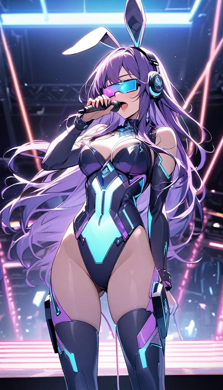 Beautiful woman , single, long hair, purple hair, glowing wires Wear a half-hat, headphones, bunny ears, and a neon sci-fi robot leotard. Behind it is a robot with neon lights. The background image is a large, clearly visible robot, on stage, singing, wearing VR glasses.