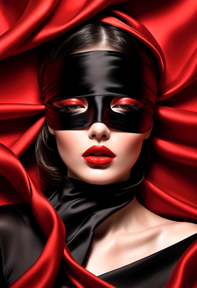 Beautiful woman blindfolded with black silk, Shot in the style of fashion photographer Hedi Slimane. The background is an abstract composition made entirely of red fabric. Her lips are painted with bright lipstick. --ar 3:4 --1000