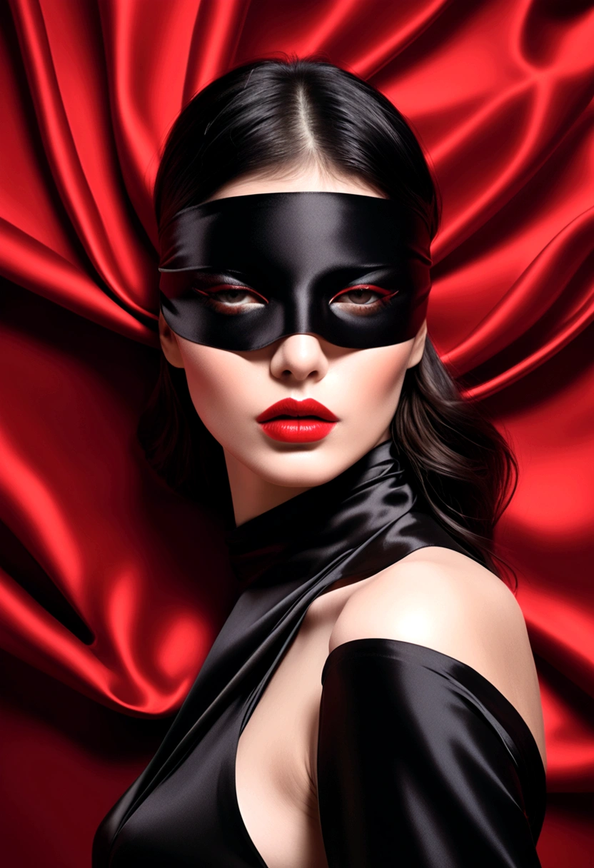 Beautiful woman blindfolded with black silk, Shot in the style of fashion photographer Hedi Slimane. The background is an abstract composition made entirely of black fabric. Her lips are painted with bright lipstick.Scattered Pearls--AR 3:4 --1000