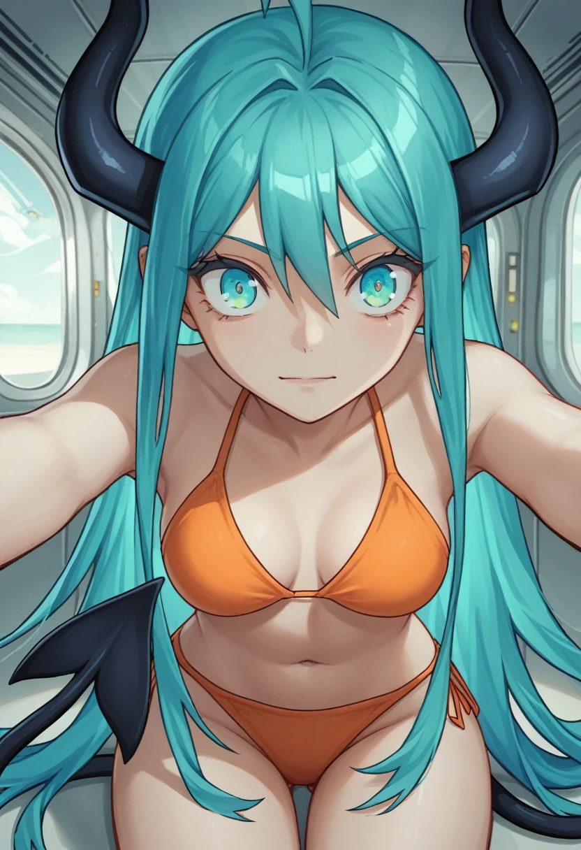 score_9, score_8_up, score_7_up,1 daemon woman, black  demon horns, black demon tail, (aquamarine hair),aquamarine green color hair,ahoge, long hair, (long hair),bangs, light orange bikini, bikini is orange, bikini orange, orange bikini!, (aquamarine eyes), background is spaceship, aquamarine eyes, 1woman ,facing viewer, daemon girl,  close up,Well-endowed, alone, Spacecraft interior