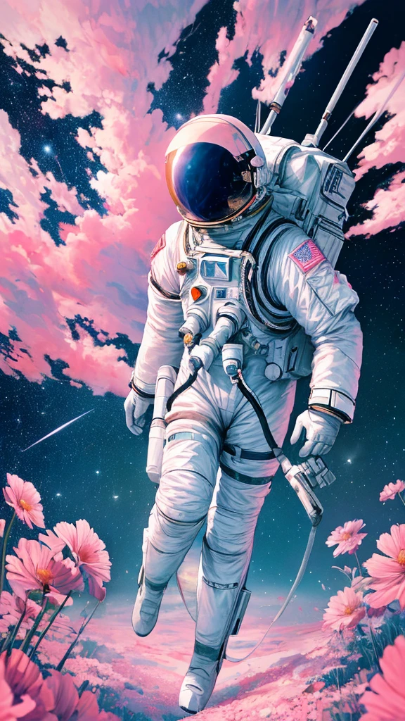 Astronaut walks through a sea of flowers dotted with pink clouds,Lonely Astronaut,Astronauts cannot leave this planet,The astronaut is lost in the infinite universe.